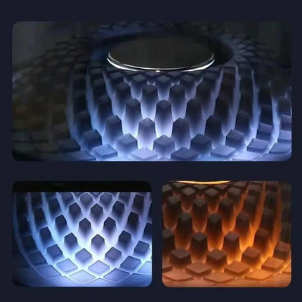 Compact Bluetooth Speaker With Ambient Lighting For Home Use showing hex pattern RGB lighting in blue and orange, tabletop speaker display