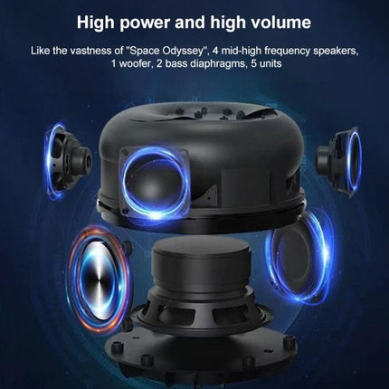 Compact Bluetooth Speaker With Ambient Lighting For Home Use showcased exploded view with RGB-lit drivers and woofer, sleek black design