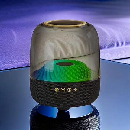 Compact Bluetooth Speaker With Ambient Lighting For Home Use showcasing glass dome, RGB pulse lights and four-driver audio on table