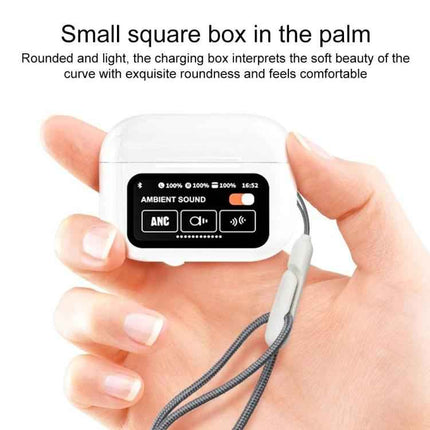 Touchscreen Wireless Earbuds Noise Control For Commuting compact charging case with color display showing ANC and controls in hand