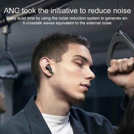 Touchscreen Wireless Earbuds Noise Control For Commuting commuter wearing A9 Pro with ANC earbuds on subway holding strap