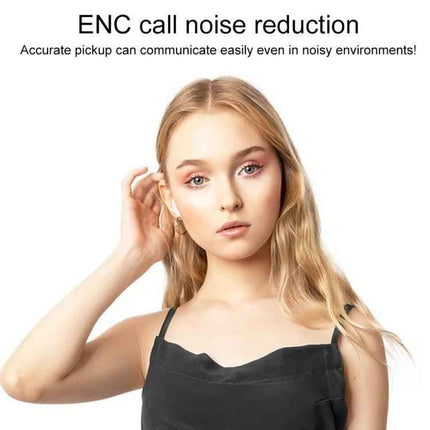 Touchscreen Wireless Earbuds Noise Control For Commuting - model wearing earbuds demonstrating ENC call noise reduction feature