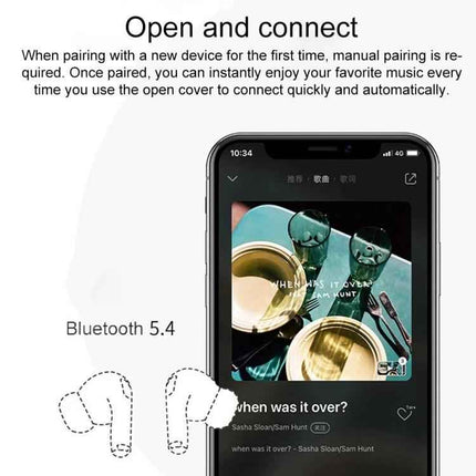 Touchscreen Wireless Earbuds Noise Control For Commuting showing ANC earbuds pairing via Bluetooth 5.4 with phone touchscreen music display
