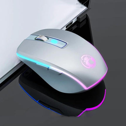 iMICE Silent Wireless Gaming Mouse for Everyday Computing Tasks - sleek white silent mouse with RGB lighting and ergonomic design next to a laptop
