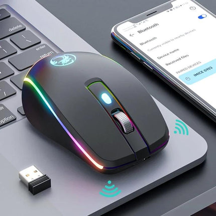 iMICE Silent Wireless Gaming Mouse for Everyday Computing Tasks - quiet RGB mouse beside laptop and smartphone showing Bluetooth pairing