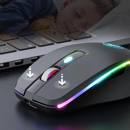 iMICE Silent Wireless Gaming Mouse for Everyday Computing Tasks showing quiet RGB mouse near laptop emphasizing silent clicks and versatile connectivity
