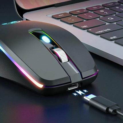 iMICE Silent Wireless Gaming Mouse for Everyday Computing Tasks showing RGB-lit wireless mouse next to laptop with USB-C charging cable