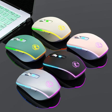iMICE Silent Wireless Gaming Mouse for Everyday Computing Tasks - five colorful silent wireless mice with RGB lighting beside a laptop