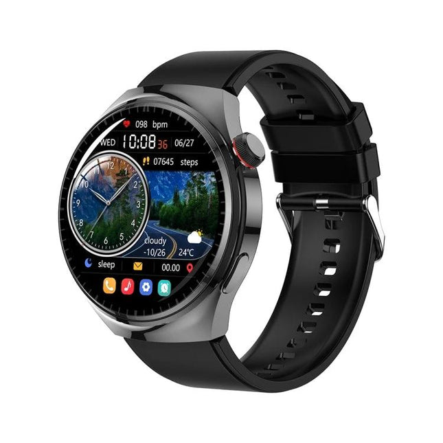 LEMFO Smart Watch for Daily Health and Activity Tracking shown with round 1.6-inch IPS touch display, heart rate and step tracking, black silicone strap