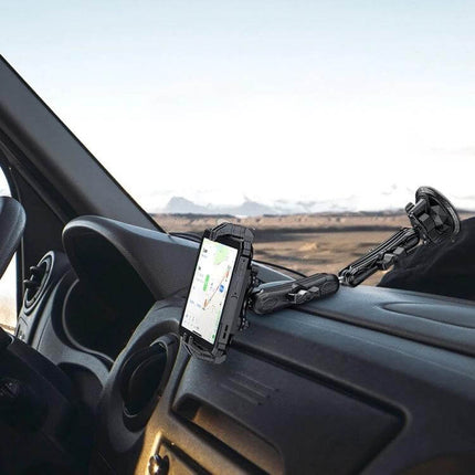 Ulefone Armor Mount Max Car Phone Tablet Holder For Windshield mounted on dashboard with aluminum alloy frame and suction cup holding phone