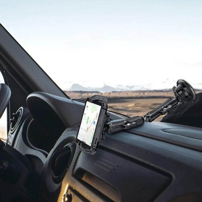 Ulefone Armor Mount Max Car Phone Tablet Holder For Windshield mounted on dashboard with aluminum alloy frame and suction cup holding phone