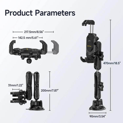Ulefone Armor Mount Max Car Phone Tablet Holder For Windshield showing adjustable aluminum alloy frame, silicone padding, suction cup and dimensions
