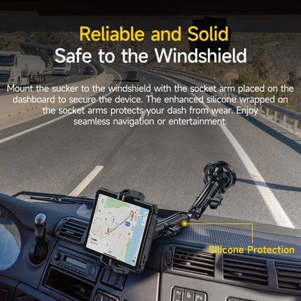 Ulefone Armor Mount Max Car Phone Tablet Holder For Windshield on dashboard with suction arm, aluminum alloy frame and silicone protection holding a tablet for navigation