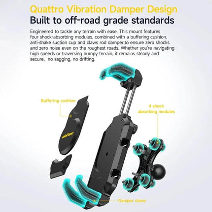 Ulefone Armor Mount Max Car Phone Tablet Holder For Windshield showing exploded view of aluminum alloy frame, suction cup, silicone padding and vibration damper design