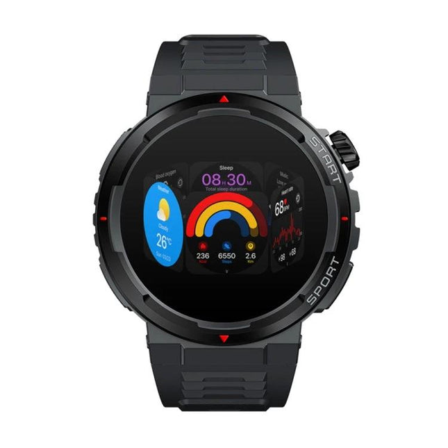 Zeblaze Watch for Everyday Health Monitoring and Fitness showing colorful fitness rings, heart rate and step tracking on black sport watch face