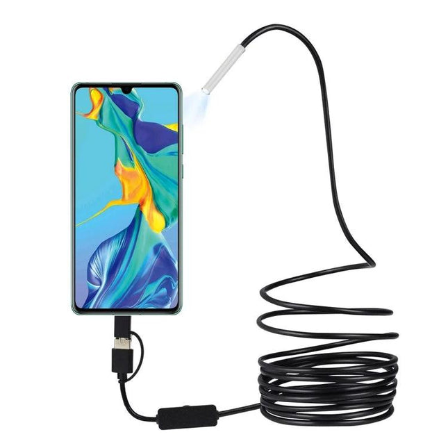 Waterproof Endoscope Camera for Industrial Inspections with Cables showing 3.9mm lens, waterproof probe, LED light and long flexible inspection cable connected to smartphone