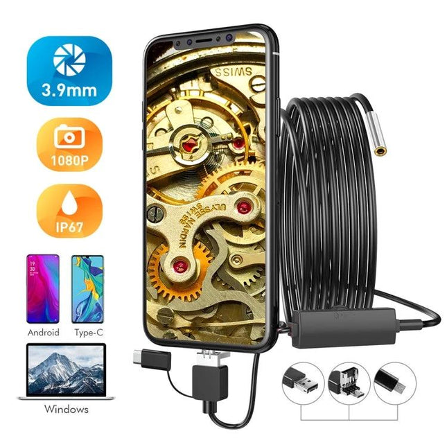 Waterproof Endoscope Camera for Industrial Inspections with Cables showing 3.9mm lens, 1080P image on phone and long inspection cable