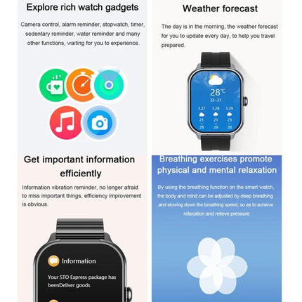 D8 Pro Watch for Everyday Health and Fitness Tracking showing weather, icons, heart rate and breathing exercise screens