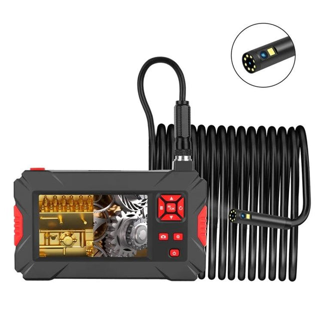 8mm Waterproof Digital Endoscope for Home Inspections showing handheld monitor, coiled cable and waterproof camera inspecting engine components