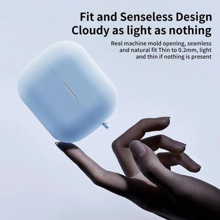 Silicone Protective Case for Samsung Earbuds in Daily Use - light blue silicone case floating above hand, slim protective cover for commuting and exercise