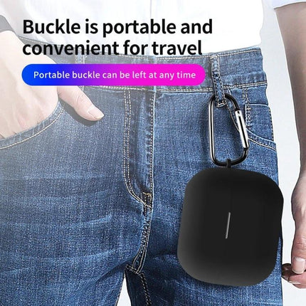 Silicone Protective Case for Samsung Earbuds in Daily Use attached to jeans pocket with carabiner for travel