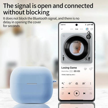 Silicone Protective Case for Samsung Earbuds in Daily Use shown in light blue beside a smartphone playing music