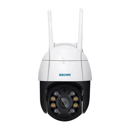 ESCAM Wireless IP Camera with Human Detection for Home Security white dome outdoor camera showing dual antennas and front lens