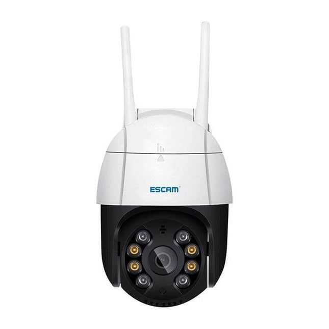ESCAM Wireless IP Camera with Human Detection for Home Security white dome outdoor camera showing dual antennas and front lens