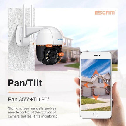 ESCAM Wireless IP Camera with Human Detection for Home Security mounted outdoors showing pan/tilt and mobile live view