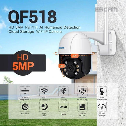 ESCAM Wireless IP Camera with Human Detection for Home Security - QF518 5MP WiFi PTZ outdoor camera with humanoid detection and cloud storage