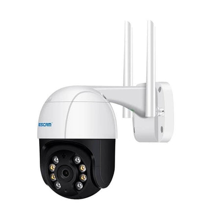ESCAM Wireless IP Camera with Human Detection for Home Security mounted white PTZ outdoor camera showing dual antennas and IR LEDs