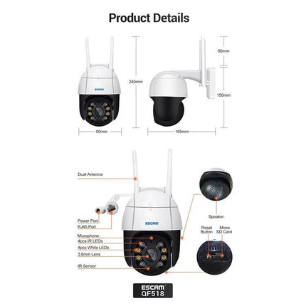 ESCAM Wireless IP Camera with Human Detection for Home Security - product diagram showing dimensions, dual antenna, IR LEDs, ports and features
