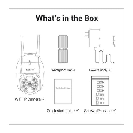 ESCAM Wireless IP Camera with Human Detection for Home Security unboxed kit showing WiFi IP camera, waterproof hat, power supply, quick start guide and screws
