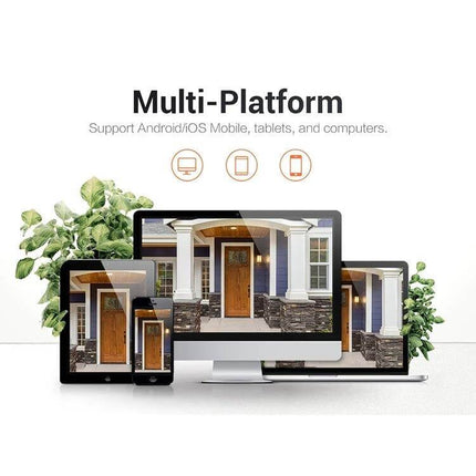 ESCAM Wireless IP Camera with Human Detection for Home Security showing multi-platform live view on phone tablet laptop and desktop