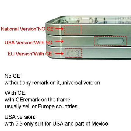Replacement Back Cover for iPhone 14 Pro Everyday Protection showing differences between National (No CE), USA (5G) and EU (CE) frame markings