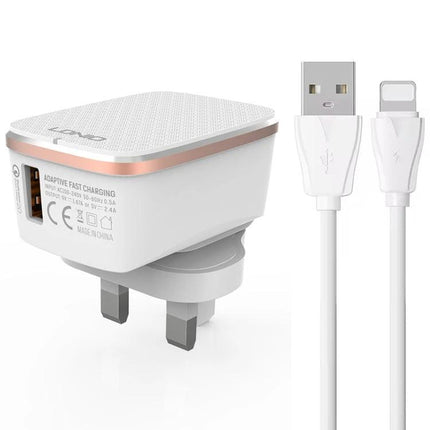 LDNIO Charger for Daily Travel and Device Essentials - compact white UK plug USB wall adapter with cable