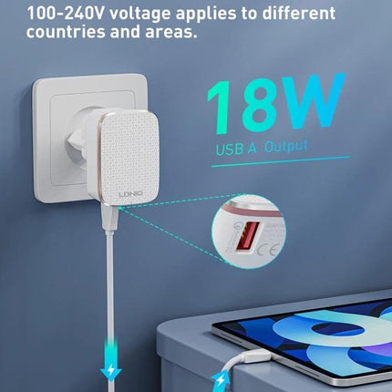 LDNIO Charger for Daily Travel and Device Essentials 18W USB-A compact wall charger plugged into outlet powering tablet