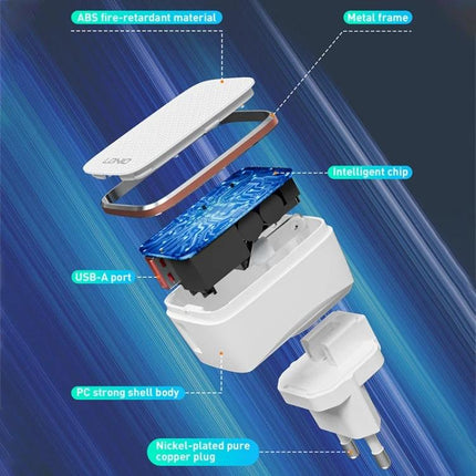LDNIO Charger for Daily Travel and Device Essentials compact white charger with USB-A port, intelligent chip and nickel-plated plug exploded view
