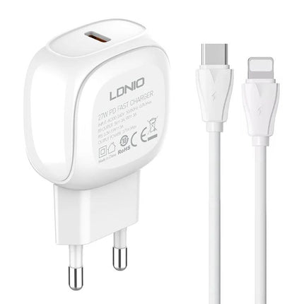 LDNIO USB-C Charger for Everyday Home and Travel Use — compact white PD wall charger with USB‑C to Lightning cable
