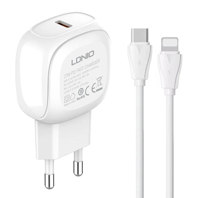LDNIO USB-C Charger for Everyday Home and Travel Use — compact white PD wall charger with USB‑C to Lightning cable