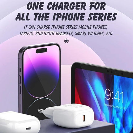 LDNIO USB-C Charger for Everyday Home and Travel Use compact white charger beside smartphone, tablet and earbuds for travel and home charging