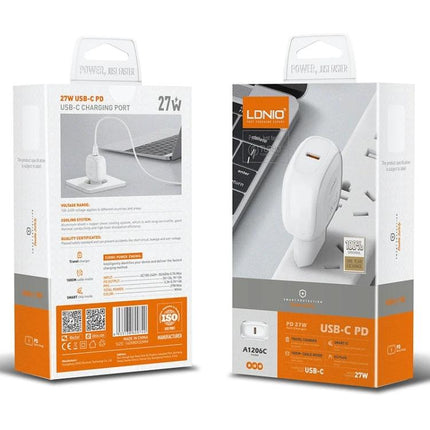 LDNIO USB-C Charger for Everyday Home and Travel Use compact 27W USB-C PD white wall charger and retail packaging