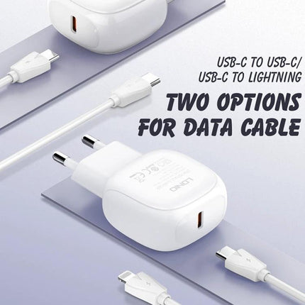 LDNIO USB-C Charger for Everyday Home and Travel Use compact white wall charger with USB-C and USB-C to Lightning cables