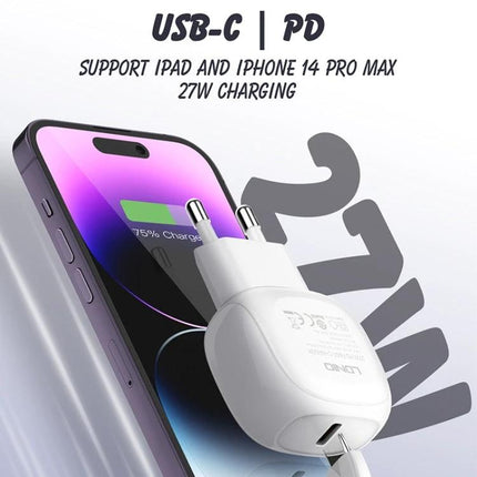 LDNIO USB-C Charger for Everyday Home and Travel Use compact white 27W USB-C PD wall charger next to smartphone showing 75% charge
