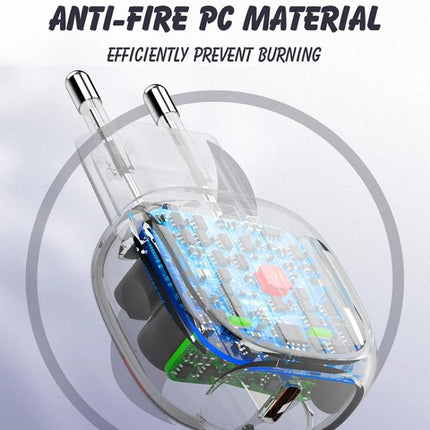 LDNIO USB-C Charger for Everyday Home and Travel Use compact anti-fire PC material transparent plug showing internal circuit board
