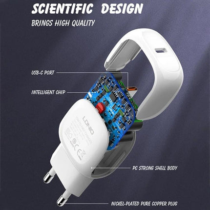 LDNIO USB-C Charger for Everyday Home and Travel Use showing compact white charger exploded view with USB-C port, intelligent chip, and nickel-plated copper plug