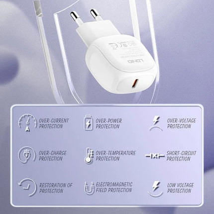 LDNIO USB-C Charger for Everyday Home and Travel Use compact white charger with safety icons for over-current, over-voltage, short-circuit protection
