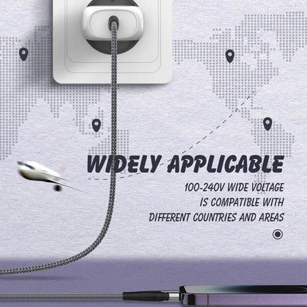LDNIO USB-C Charger for Everyday Home and Travel Use compact charger plugged into wall showing wide voltage compatibility and travel-ready braided cable