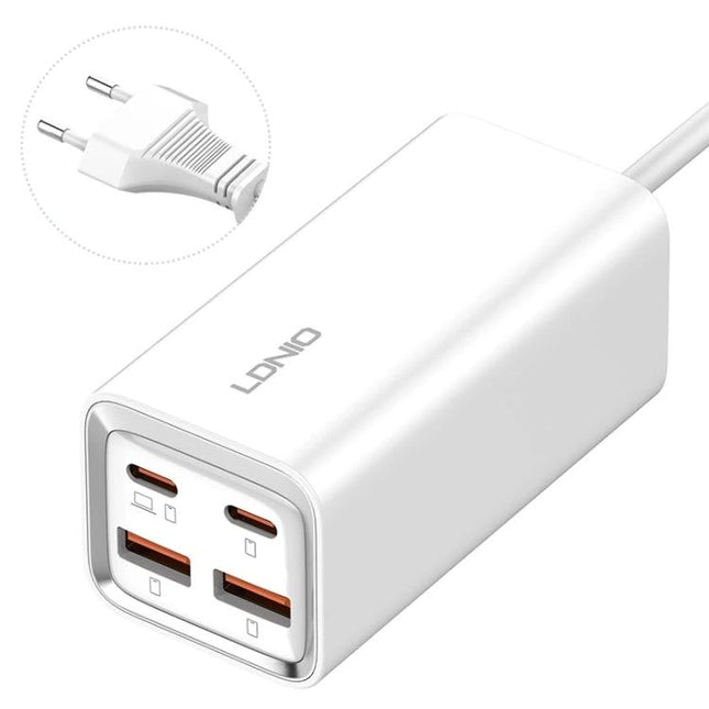 LDNIO Charger for Daily Device Powering at Home or Travel shown white multi-port USB-C and USB-A charger with EU plug, 100-240V compatibility
