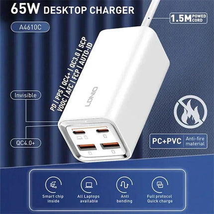 LDNIO Charger for Daily Device Powering at Home or Travel - 65W desktop USB charger with 4 ports, 100-240V universal input, aluminum-copper design